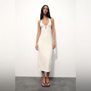 Zara White Fitted Halter Midi Dress